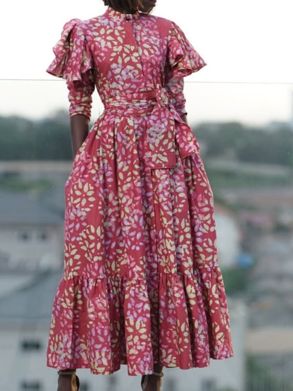 SIKA Floral Dress Button Front Sleeves Ruffle Cotton Anthro Anthropologie size 8